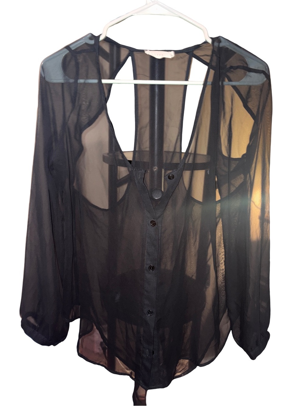 Lush Sheer Black V-Neck Button Front Blouse